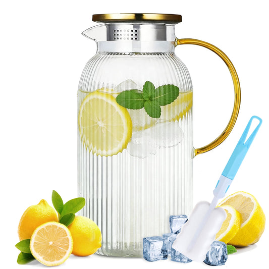 2 Liter 68 Oz Glass Pitcher with Lid, Classic Vertical Stripes Water Pitcher with Handle for Fridge, Glass Pitcher for Hot and Cold Beverages, Tea, Juice, Cold Brew Coffee, Milk