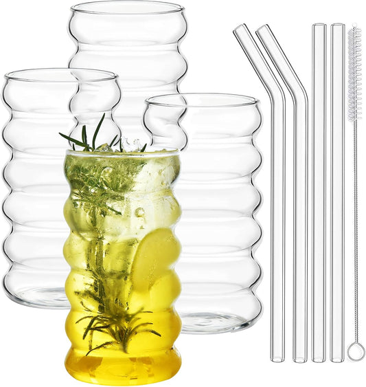 Ribbed Drinking Glass Cups with Straws Set of 4, 16 Oz Aesthetic Iced Coffee Glasses, Wave Bubble Tumbler, Ripple Glassware, Beer Glasses for Coctail, Milk, Soda, Gift with Brush