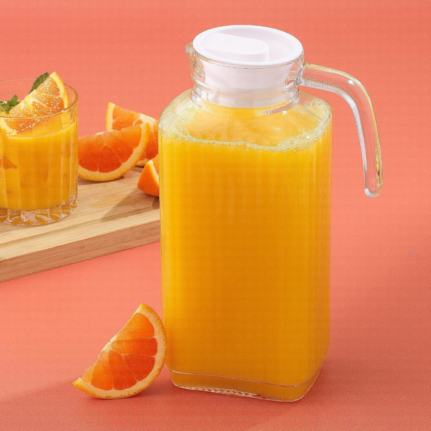60Oz Glass Pitcher with Lid (2 Lids) - Beverage Serveware and Storage Container for Cold Drinks and Liquids. Juice Container, Water Jug, Fridge Pitcher for Iced Tea or Milk