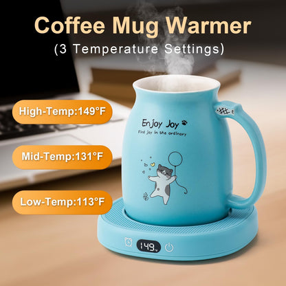 Coffee Mug Warmer & Cute Cat Mug Set, Candle Mug Warmer for Home & Office, Electric Smart Coffee Warmer for Desk, Beverage Tea Coffee Cup Warmer with 3-Temp Settings, 8H Auto Shut Off, Blue