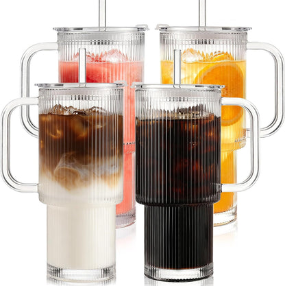 Iced Coffee Cups with Lids: Coffee Bar Accessories - Ribbed Glass Tumbler with Straw and Lid 4 Pack - 24Oz Tumbler Leak Proof - Glass Cups Tumbler with Lid and Straws - Coffee Tumbler with Handle700Ml