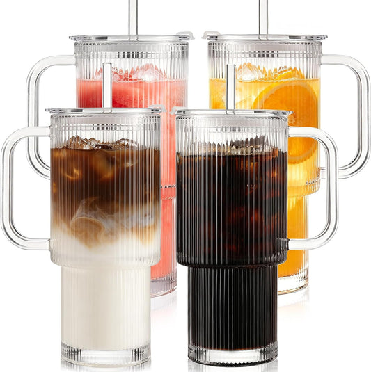 Iced Coffee Cups with Lids: Coffee Bar Accessories - Ribbed Glass Tumbler with Straw and Lid 4 Pack - 24Oz Tumbler Leak Proof - Glass Cups Tumbler with Lid and Straws - Coffee Tumbler with Handle700Ml