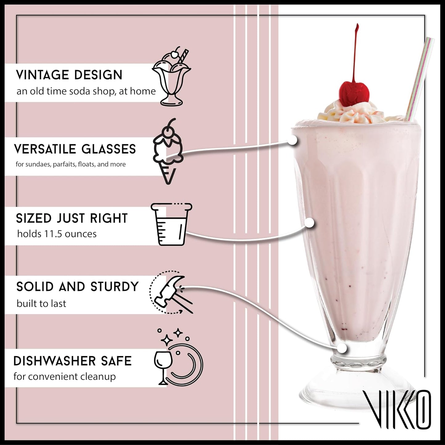 Milkshake Glasses, Set of 12 Footed Ice Cream Cups, 11.5 Ounce Milkshake Cups, Thick and Durable Dessert Cups Glass, Ice Cream Bowls, Sundae Glasses