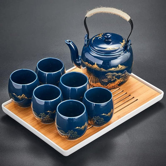Japanese Tea Set, Black Glazed Tea Set in Gift Box with 1 Teapot, 1 Tea Strainer, 1 Tea Tray and 6 Tea Cups. Ideal Tea Set for Office Home, Asian Tea Sets for Tea Lovers(Landscape Blue)