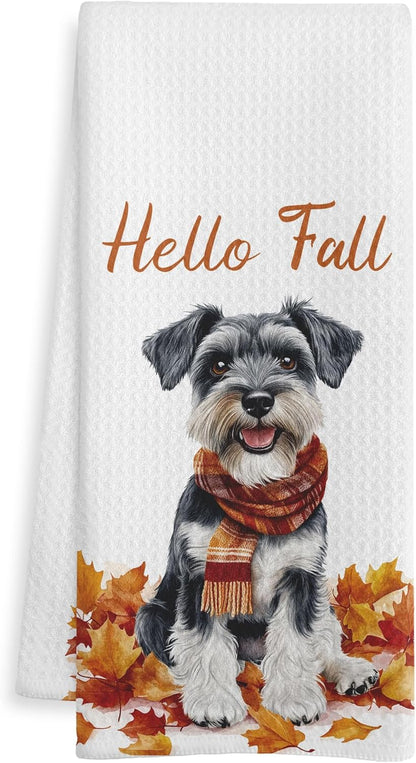 Fall Schnauzer Kitchen Towels, Schnauzer Lover Gifts Dish Tea Towel for Kitchen Decor, Farmhouse Fall Autumn Maple Leaf Dog Hand Towels for Bathroom Decor,16X24 Inch
