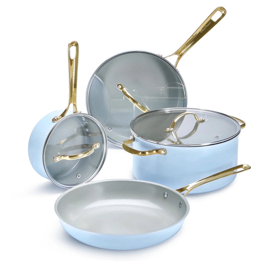 7 Pcs Ceramic Cookware Sets, Non-Stick Pots and Pans Set with Stainless Steel Handles, Dishwasher and Oven Safe, Light Blue with Light Gold Handles