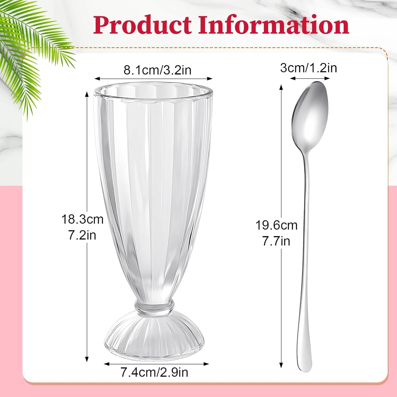 6 Set 12 Oz Milkshake Glass with Long Metal Spoons Clear Ice Cream Soda Glasses Fountain Shoppe Classic Transparent Cup with Long Stainless Steel Spoons for Milk Shake Dessert Ice Cream