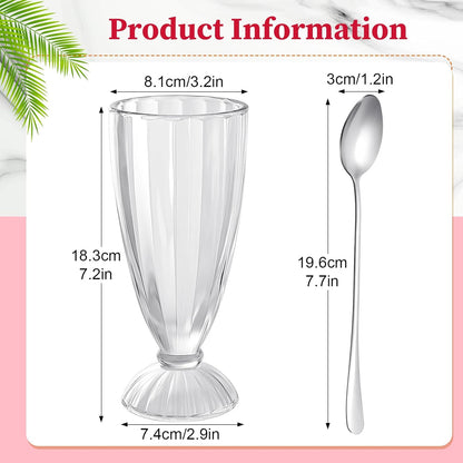 6 Set 12 Oz Milkshake Glass with Long Metal Spoons Clear Ice Cream Soda Glasses Fountain Shoppe Classic Transparent Cup with Long Stainless Steel Spoons for Milk Shake Dessert Ice Cream