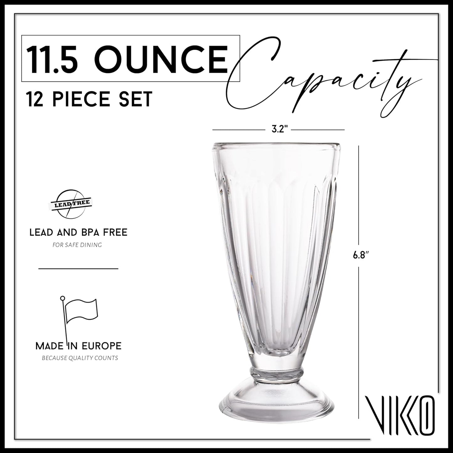 Milkshake Glasses, Set of 12 Footed Ice Cream Cups, 11.5 Ounce Milkshake Cups, Thick and Durable Dessert Cups Glass, Ice Cream Bowls, Sundae Glasses