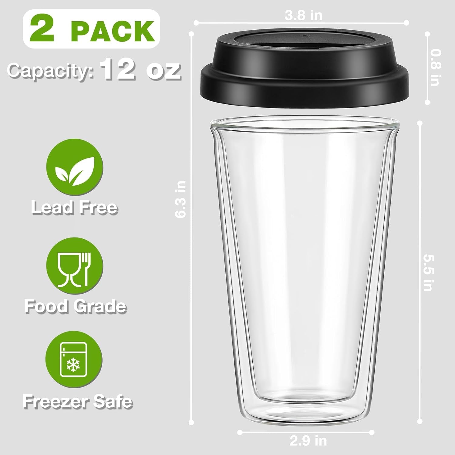 ® 2 Packs Double Walled Glass Coffee Mugs with Silicone Lids, 12 OZ Reusable Glass Coffee Cups, Insulated Coffee Mugs, Cappuccino,Tea,Latte,Iced Coffee Cups, Glass Travel Mug, Heat Resistant