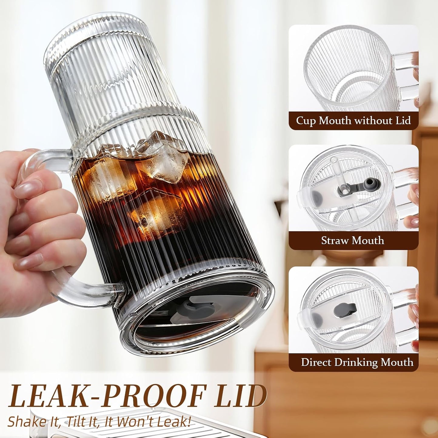 Iced Coffee Cups with Lids: Coffee Bar Accessories - Ribbed Glass Tumbler with Straw and Lid 4 Pack - 24Oz Tumbler Leak Proof - Glass Cups Tumbler with Lid and Straws - Coffee Tumbler with Handle700Ml