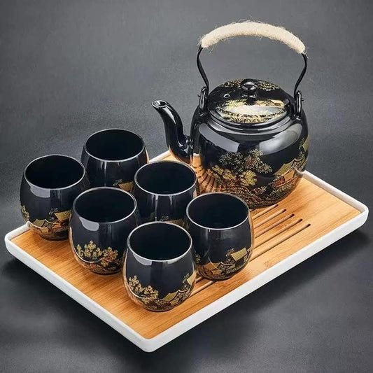 Japanese Tea Set, Black Glazed Tea Set in Gift Box with 1 Teapot, 1 Tea Strainer, 1 Tea Tray and 6 Tea Cups. Ideal Tea Set for Office Home, Asian Tea Sets for Tea Lovers(Country Black)