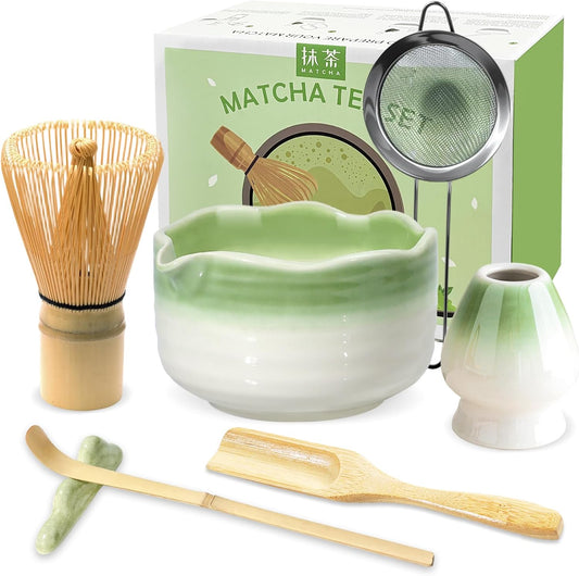 Matcha Set, 7PCS Matcha Whisk Set with Bamboo Whisk for Matcha Making | Ceramic Matcha Kit Gift Includes Bowl, Matcha Whisk (Chasen), Sifter and All Matcha Making Accessories for Matcha Lover