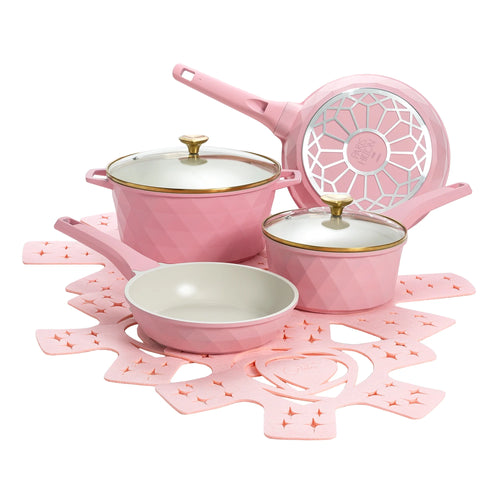 10-Piece Ceramic Nonstick Cookware Set with Pots & Pans, Clean Ceramic™ Coating, Faceted Pink Design