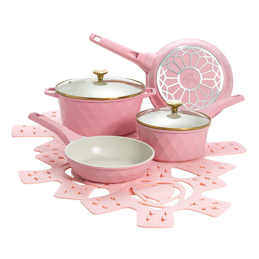 10-Piece Ceramic Nonstick Cookware Set with Pots & Pans, Clean Ceramic™ Coating, Faceted Pink Design