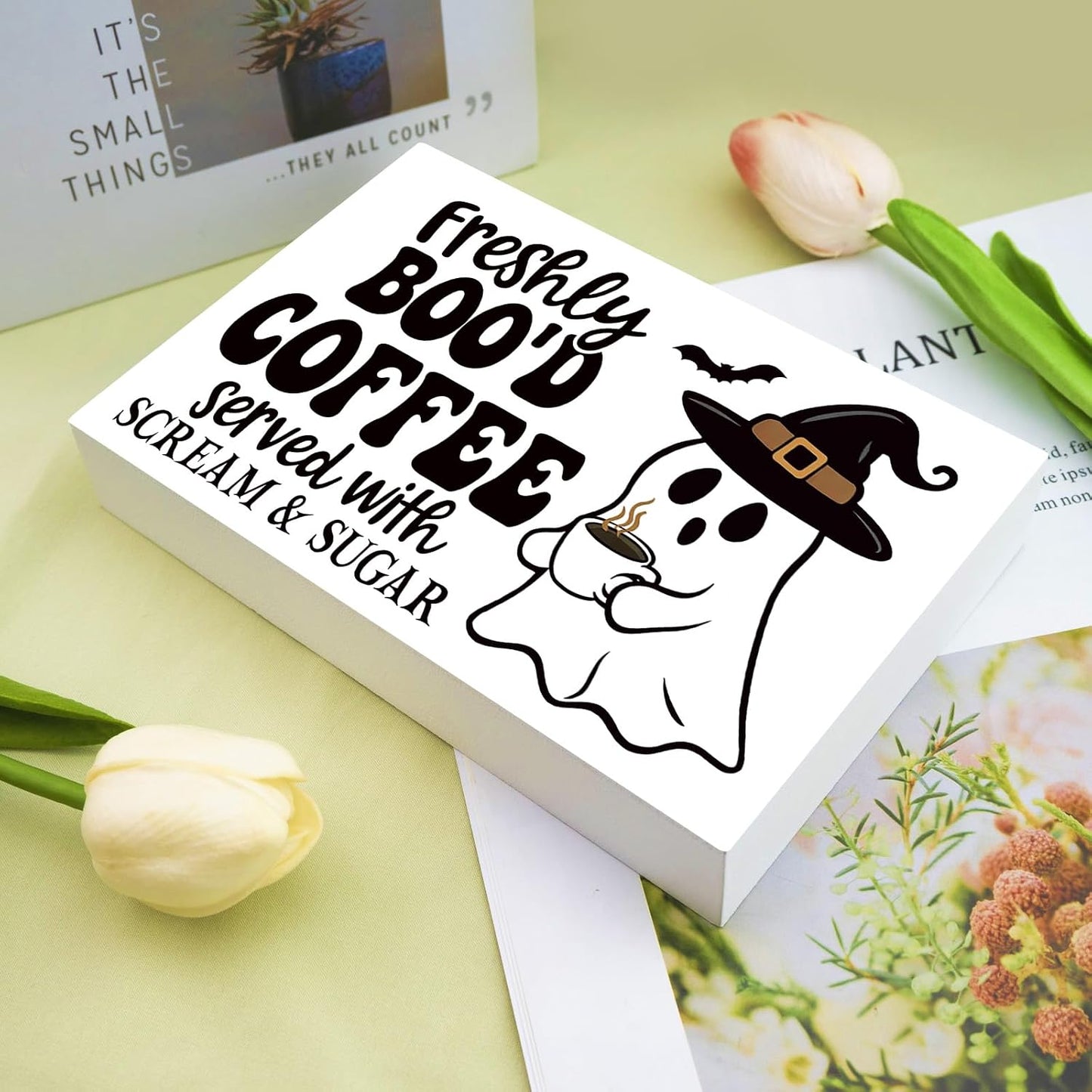Coffee Bar Sign Cute Halloween Gifts for Women Kitchen Decor Wood Box Halloween Signs Indoor Freshly Booed Coffee Ghost Decor
