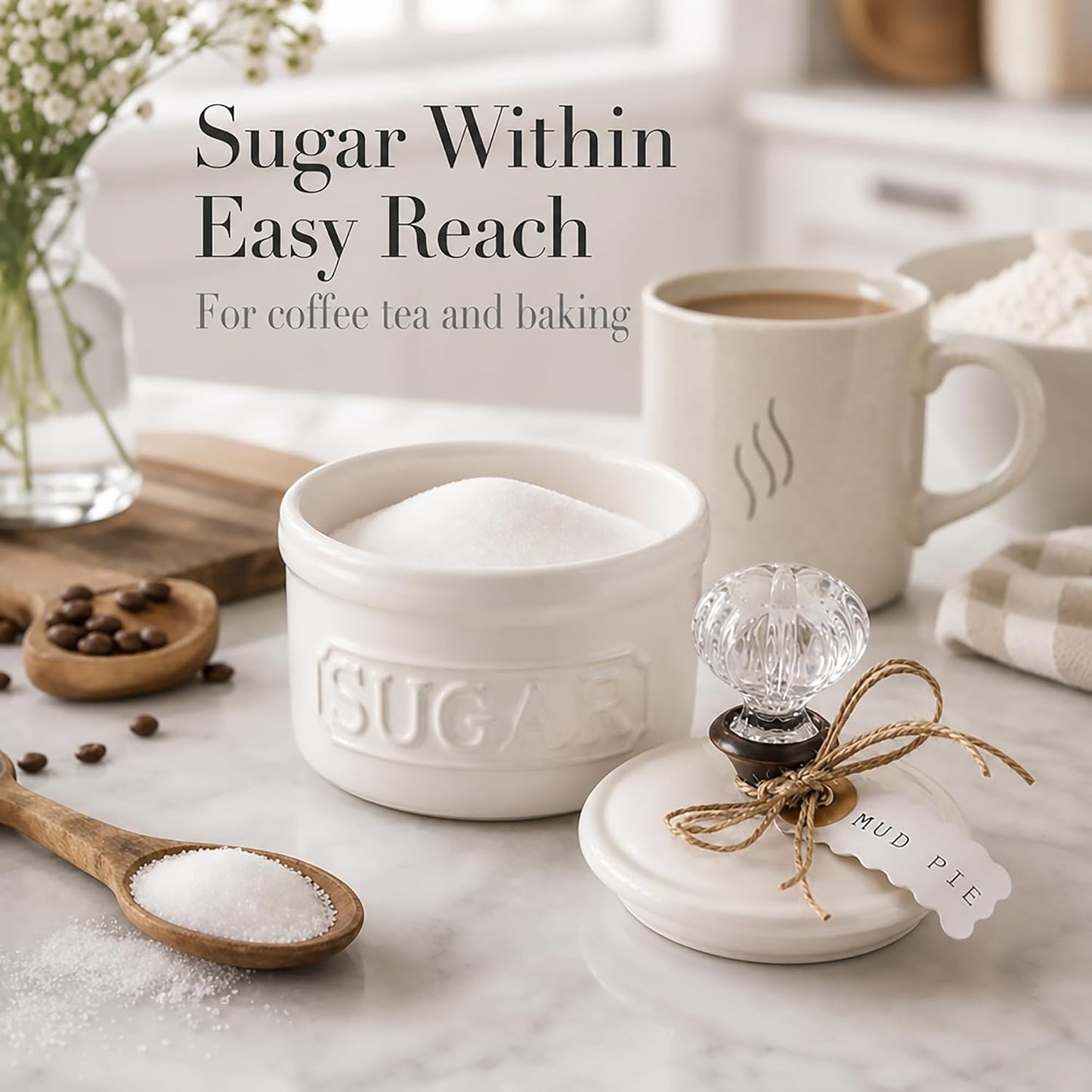 Door Knob Sugar Bowl, White 5.85H X 6.7L X 6.35W