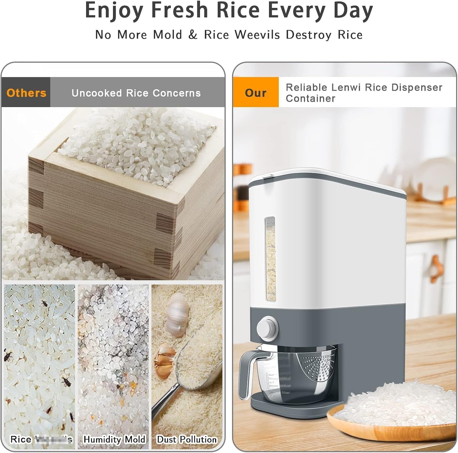 22-25 Lbs Rice Dispenser, Large Cereal Dry Food Storage Containers with Measuring Cup,Bpa-Free Household for Kitchen Pantry Organization-Grey