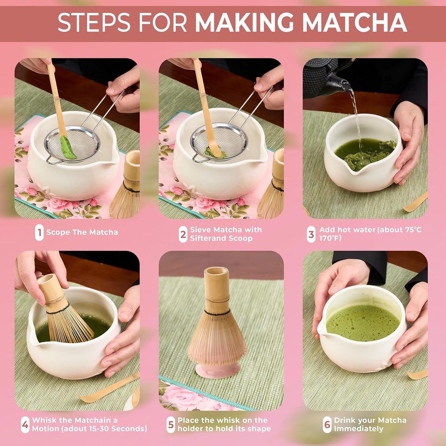8Pcs Matcha Whisk Set - Matcha Whisk Set with Ceramic Matcha Bowls | Japanese Tea Set | Matcha Shaker | Matcha Making Kit | Matcha Set | Pink Matcha Kit