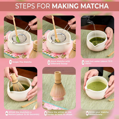 8Pcs Matcha Whisk Set - Matcha Whisk Set with Ceramic Matcha Bowls | Japanese Tea Set | Matcha Shaker | Matcha Making Kit | Matcha Set | Pink Matcha Kit