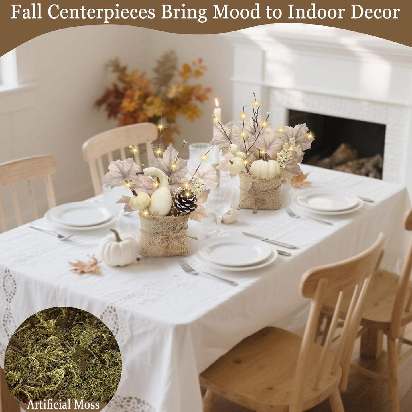 [Light & Timer] Fall Decor 2 Pack Fall Table Centerpieces with 20 LED Tabletop Maple Tree Pumpkin Pinecone Berry Branch Arrangement, Fall Decorations for Home Kitchen Halloween Thanksgiving