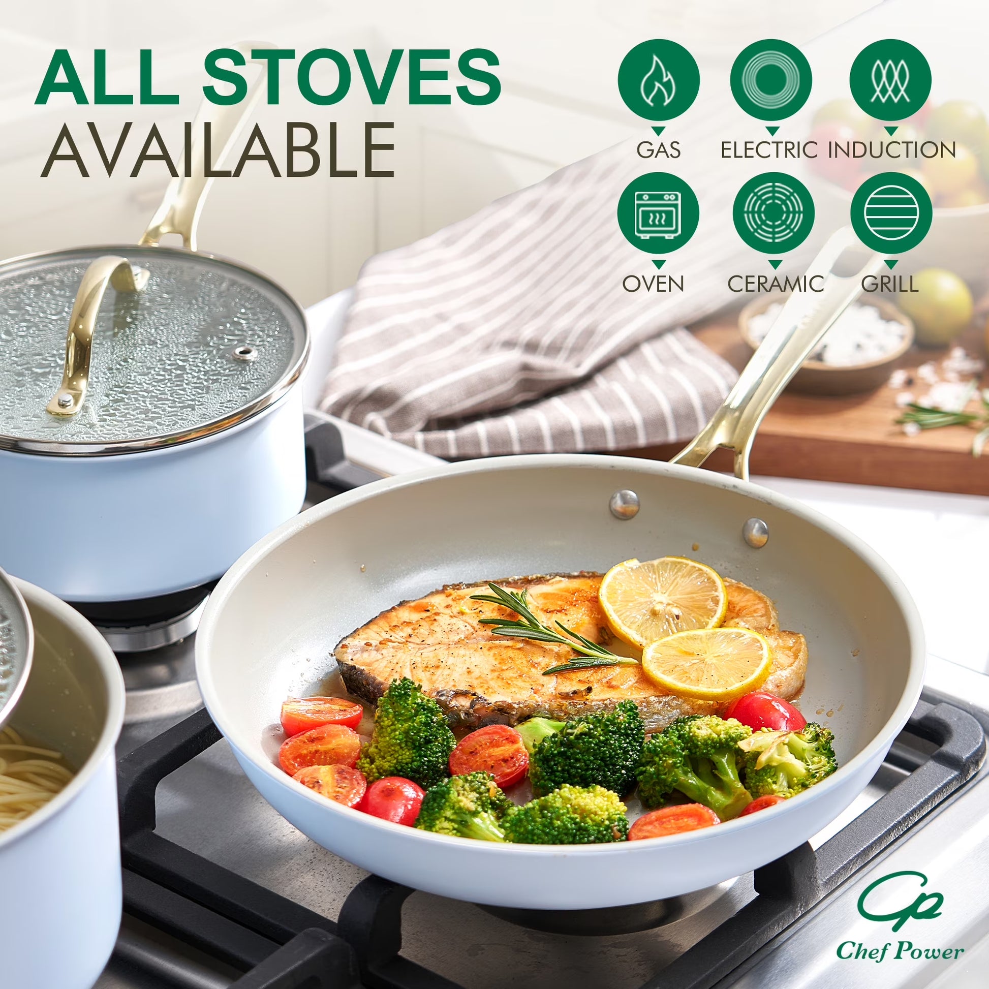 7 Pcs Ceramic Cookware Sets, Non-Stick Pots and Pans Set with Stainless Steel Handles, Dishwasher and Oven Safe, Light Blue with Light Gold Handles