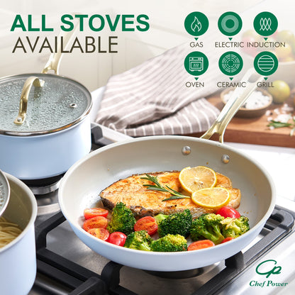 7 Pcs Ceramic Cookware Sets, Non-Stick Pots and Pans Set with Stainless Steel Handles, Dishwasher and Oven Safe, Light Blue with Light Gold Handles