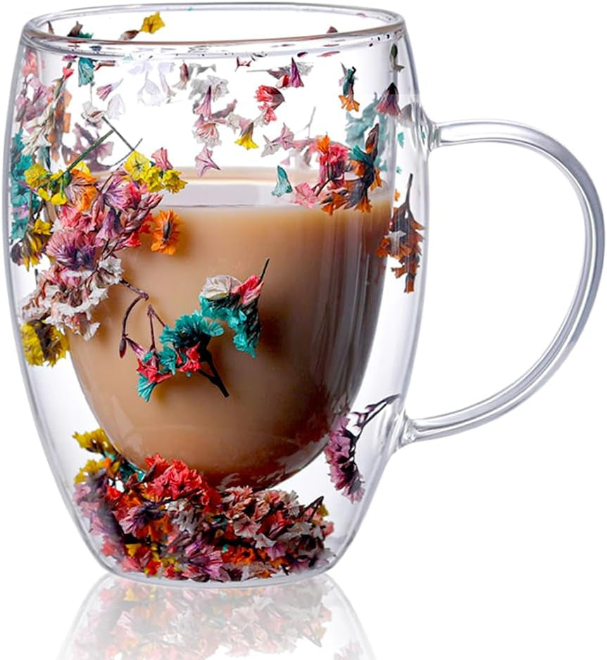 Flower Double Wall Clear Glass Coffee Mugs Creative Clear Glass Cups with Handle Flowers Double Insulated Glass Cup for Hot Cold Beverages Cappuccino Latte, Espresso Juice Glass Coffee Cups
