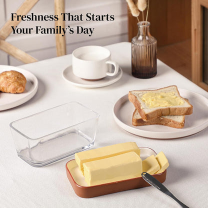 Glass Butter Dish with Ceramic Lid, Large Butter Container for 3 Sticks, 2-In-1 Butter Dish with Lid for Countertop, Multi-Purpose Preserving Keepers and Tray, Dishwasher Safe-Cozy Gift