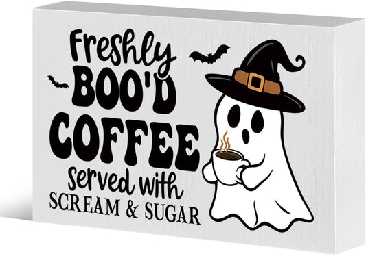 Coffee Bar Sign Cute Halloween Gifts for Women Kitchen Decor Wood Box Halloween Signs Indoor Freshly Booed Coffee Ghost Decor