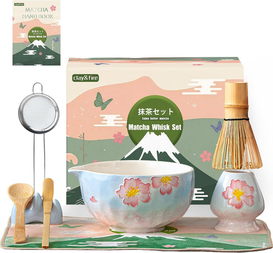 Matcha Whisk Set, 9 Pcs Handcrafted Matcha Set for Beginner | Matcha Bowl with Spout and Whisk, Matcha Tea Kit for Matcha Lovers, Ideal Gift for Friend (Cherry Bloom)