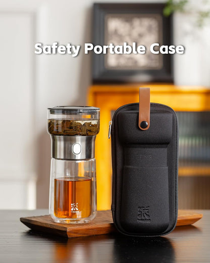 Modern Tea Infuser Teapot, One Touch Tea Maker for Loose Leaf Tea | Glass Magic Tea Pot, Mess Free Tea Steeper with Insulated Mug, Portable Tea Infuser with Case for Tea Lovers