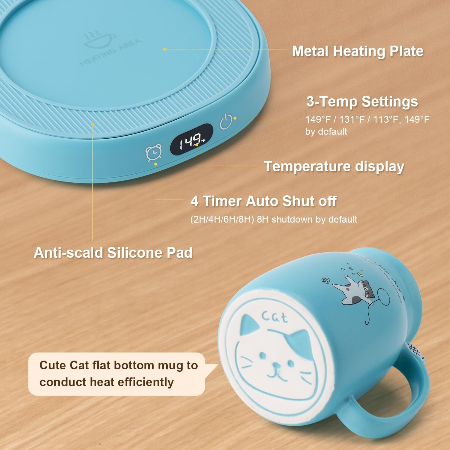 Coffee Mug Warmer & Cute Cat Mug Set, Candle Mug Warmer for Home & Office, Electric Smart Coffee Warmer for Desk, Beverage Tea Coffee Cup Warmer with 3-Temp Settings, 8H Auto Shut Off, Blue