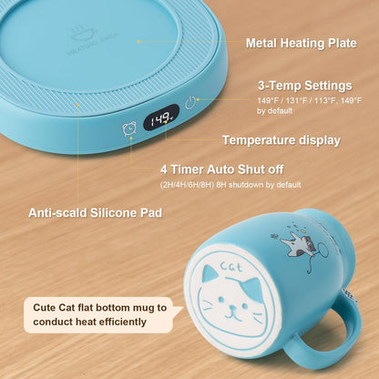 Coffee Mug Warmer & Cute Cat Mug Set, Candle Mug Warmer for Home & Office, Electric Smart Coffee Warmer for Desk, Beverage Tea Coffee Cup Warmer with 3-Temp Settings, 8H Auto Shut Off, Blue