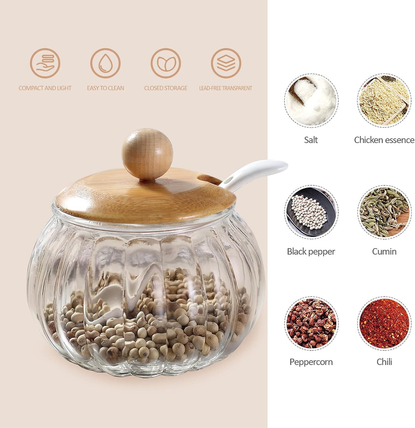 Salt Cellar, 8 Oz / 250 ML Glass Container with Bamboo Lid, Cute Pumpkin Condiment Jar, Storage Canister with Scoop, Kitchen Countertop Seasoning Bowl for Sugar, Spice, Pepper