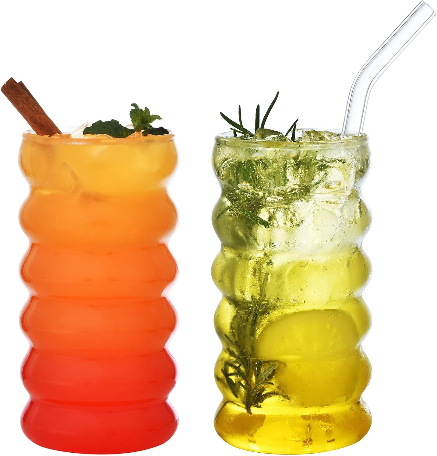 Ribbed Drinking Glass Cups with Straws Set of 4, 16 Oz Aesthetic Iced Coffee Glasses, Wave Bubble Tumbler, Ripple Glassware, Beer Glasses for Coctail, Milk, Soda, Gift with Brush