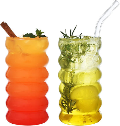 Ribbed Drinking Glass Cups with Straws Set of 4, 16 Oz Aesthetic Iced Coffee Glasses, Wave Bubble Tumbler, Ripple Glassware, Beer Glasses for Coctail, Milk, Soda, Gift with Brush