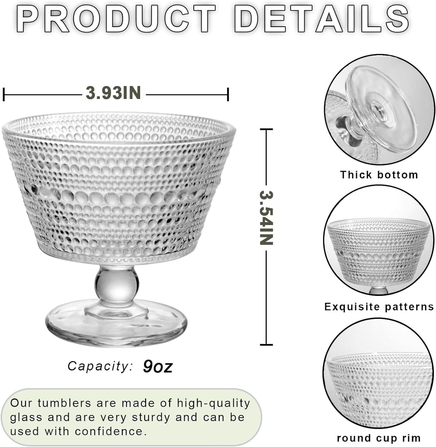 Glass Dessert Bowls Breakfast Cups,Dessert Cups Set of 4, 9Oz Glass Ice Cream Sundae Cups，Glass Dessert Bowls, for Oats，Ice Cream, Milk, Sorbet, Yogurt (4PCS), Transparent, D-1059