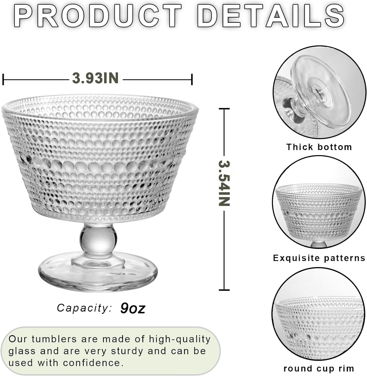 Glass Dessert Bowls Breakfast Cups,Dessert Cups Set of 4, 9Oz Glass Ice Cream Sundae Cups，Glass Dessert Bowls, for Oats，Ice Cream, Milk, Sorbet, Yogurt (4PCS), Transparent, D-1059