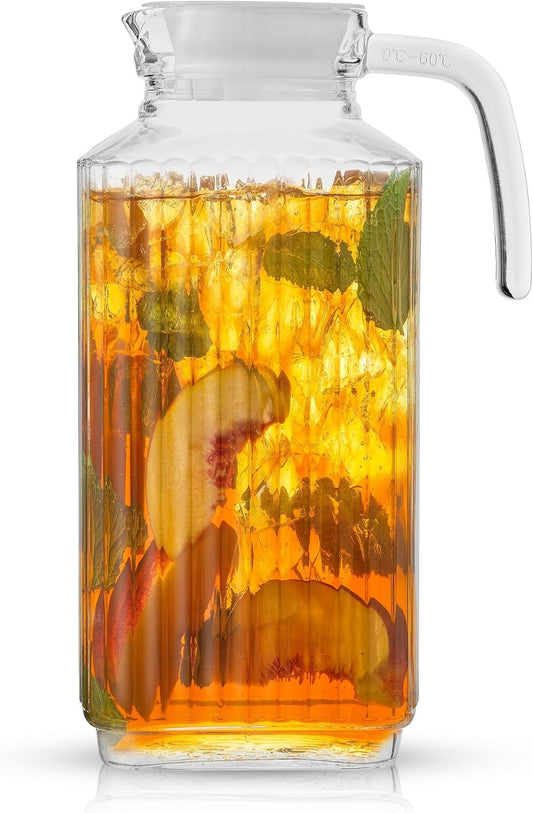 60Oz Glass Pitcher with Lid (2 Lids) - Beverage Serveware and Storage Container for Cold Drinks and Liquids. Juice Container, Water Jug, Fridge Pitcher for Iced Tea or Milk