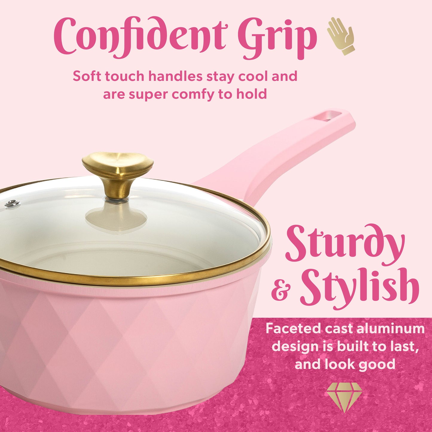 10-Piece Ceramic Nonstick Cookware Set with Pots & Pans, Clean Ceramic™ Coating, Faceted Pink Design