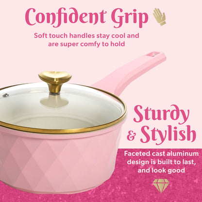 10-Piece Ceramic Nonstick Cookware Set with Pots & Pans, Clean Ceramic™ Coating, Faceted Pink Design