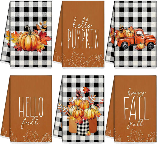 6 Pcs Fall Kitchen Towels Fall Pumpkin Hand Towel 16 X 24 Inch Autumn Buffalo Plaid Maple Absorbent Dishcloth Truck Tea Dish Cloth for Thanksgiving Kitchen Decor