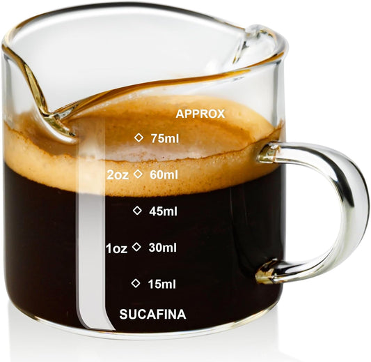 Espresso Cup with Handle, 2.5 OZ Double Spout Clear Glass Measuring Cup with Dual Scale, Espresso Shot Glass with V-Shaped Mouth, Espresso Accessories（1 Pack）