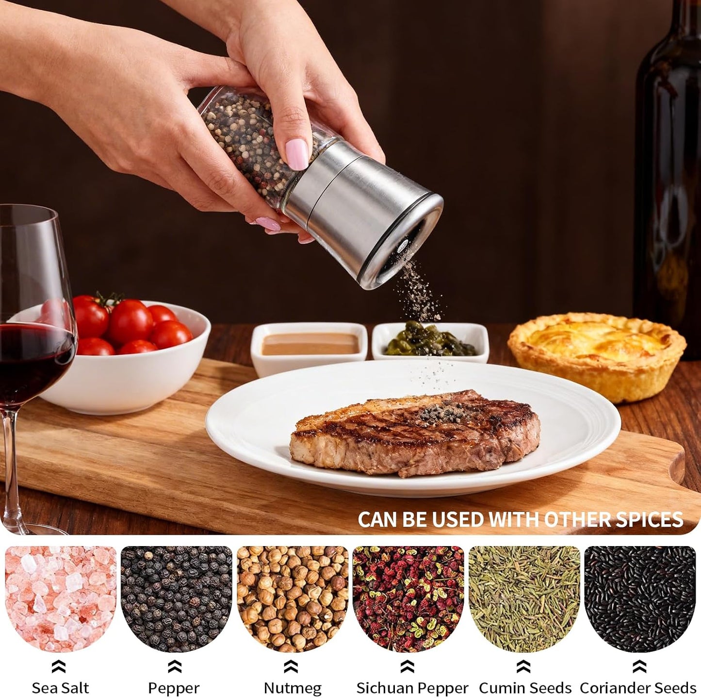 Premium Salt and Pepper Grinder Set of 2, Refillable Stainless Steel Spice Shakers with Adjustable Coarseness, Easy Clean Durable Ceramic Mills, Include Silicone Funnel & Cleaning Brush (5.3"H-2 Pack)