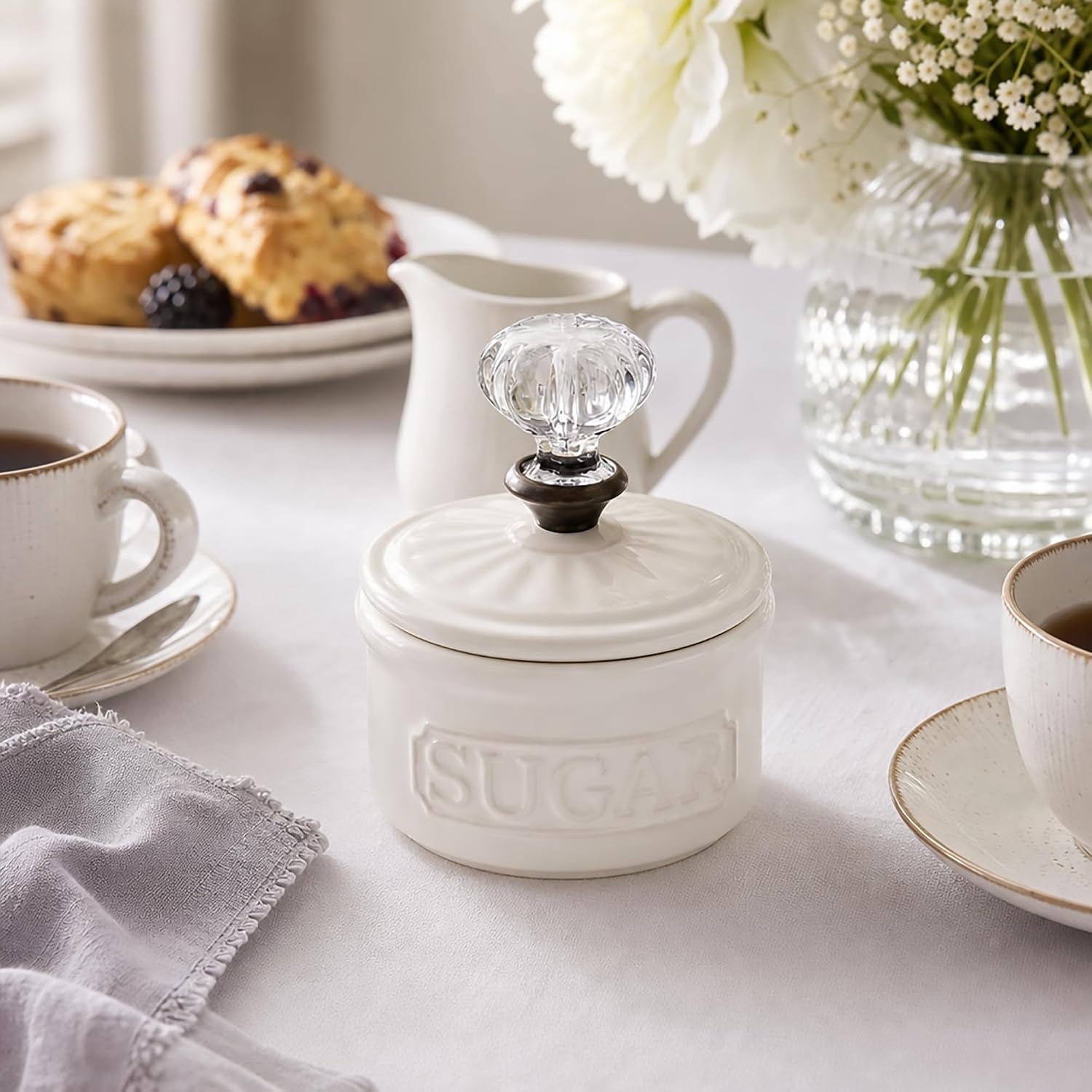 Door Knob Sugar Bowl, White 5.85H X 6.7L X 6.35W