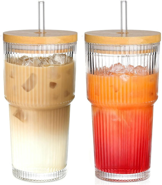 20Oz Ribbed Glass Tumblers with Lids and Straws, 2 PCS Iced Coffee Cups,Glass Coffee Cups with Bamboo Lid,Vintage Glassware for Whiskey Cocktail Beer