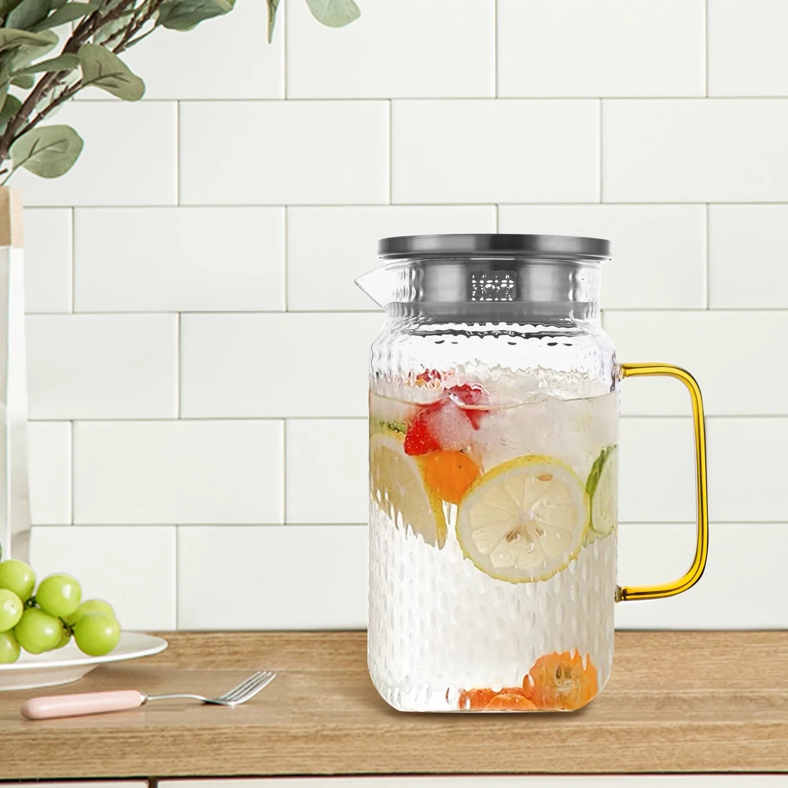 68Oz Glass Pitcher with Stainless Steel Lid and Handle,Clear Iced Tea Brewing Pitcher for Beverage,Lemonade