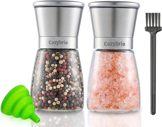 Premium Salt and Pepper Grinder Set of 2, Refillable Stainless Steel Spice Shakers with Adjustable Coarseness, Easy Clean Durable Ceramic Mills, Include Silicone Funnel & Cleaning Brush (5.3"H-2 Pack)