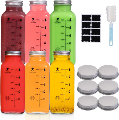 Glass Bottles with Lids,12Oz Juice Bottles Set of 6, Leak-Proof Glass Cups, Glass Bottles with Labels and Brushes and for Sports, Wide Mouth, Glass Juice Bottles with Lids Accuracy Scale